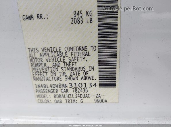 1N4BL4DV8MN310134 2021 NISSAN ALTIMA White Engine compartment view
