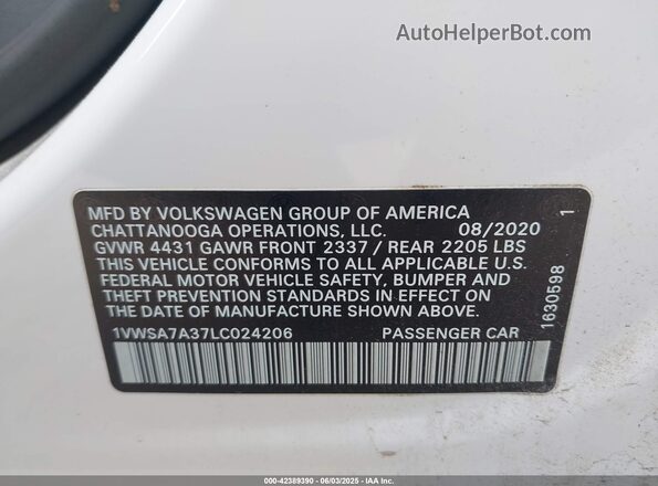 1VWSA7A37LC024206 2020 VOLKSWAGEN PASSAT White Widok komory silnika