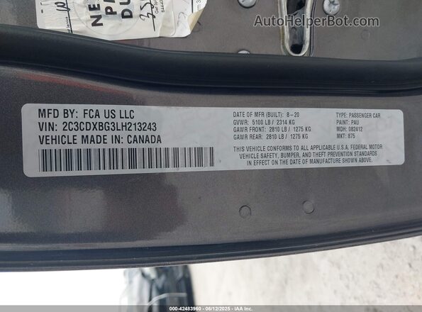 2C3CDXBG3LH213243 2020 DODGE CHARGER Серебряный Вид подкапотного пространства