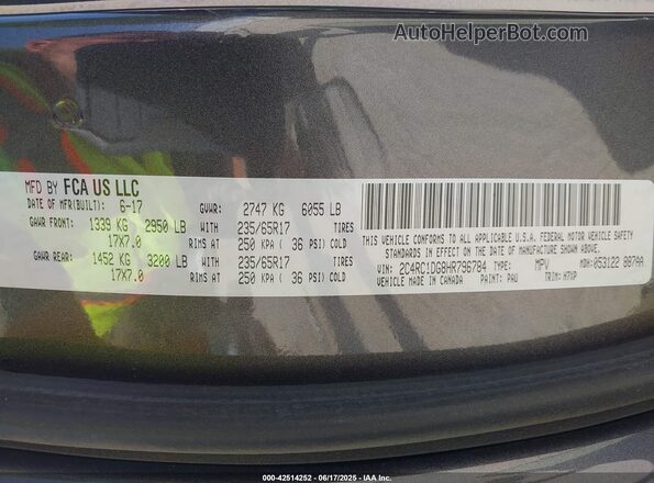 2C4RC1DG8HR796784 2017 CHRYSLER PACIFICA Серый Вид подкапотного пространства