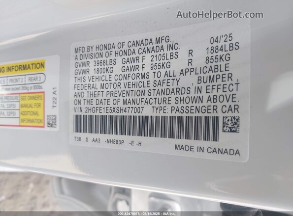 2HGFE1E5XSH477007 2025 HONDA CIVIC SI Белый Вид подкапотного пространства