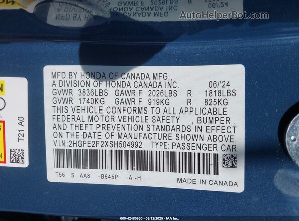 2HGFE2F2XSH504992 2025 HONDA CIVIC Blue ძრავის განყოფილების ხედი