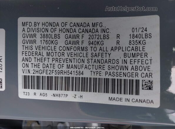 2HGFE2F59RH541584 2024 HONDA CIVIC Gray Widok komory silnika