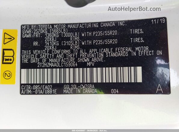 2T2HZMAA0LC159064 2020 LEXUS RX 350 White Vista del compartimento del motor