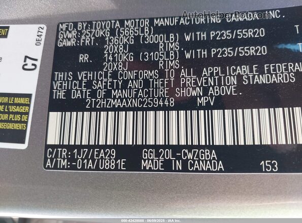 2T2HZMAAXNC259448 2022 LEXUS RX 350 Silver Engine compartment view