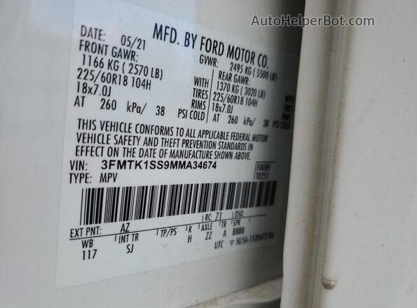 3FMTK1SS9MMA34674 2021 FORD MUSTANG Белый Панорамный вид салона 360°