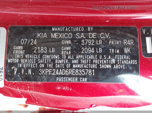 3KPF24AD6RE835781 2024 KIA FORTE Красный Вид подкапотного пространства