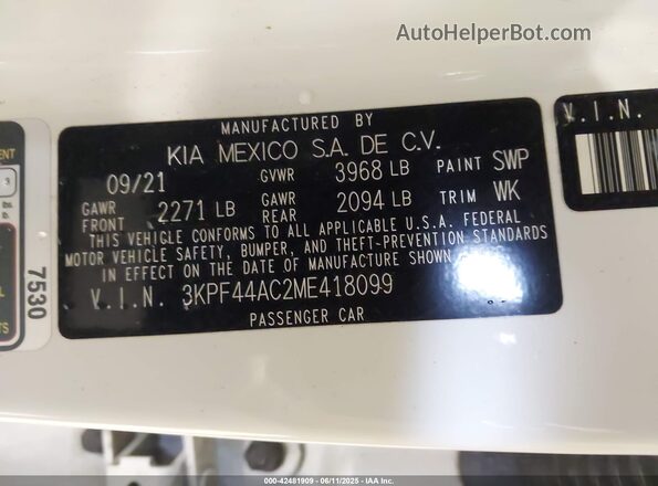 3KPF44AC2ME418099 2021 KIA FORTE White Вид підкапотного простору