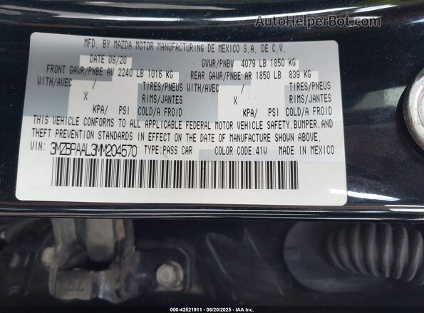3MZBPAAL3MM204570 2021 MAZDA 3 Black ძრავის განყოფილების ხედი