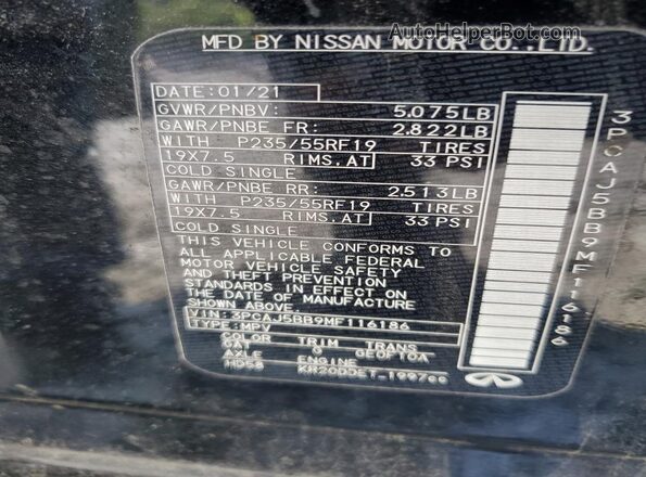 3PCAJ5BB9MF116186 2021 INFINITI QX50 Черный Вид наклейки с VIN-кодом