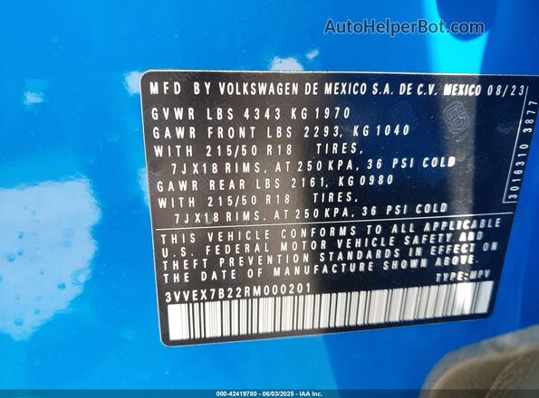 3VVEX7B22RM000201 2024 VOLKSWAGEN TAOS Синий Вид подкапотного пространства