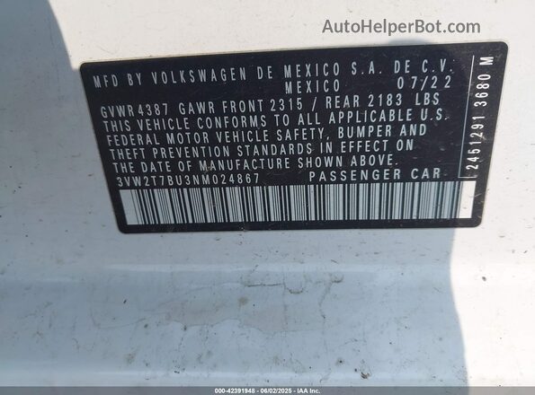 3VW2T7BU3NM024867 2022 VOLKSWAGEN JETTA White Շարժիչի բաժամունքի տեսք