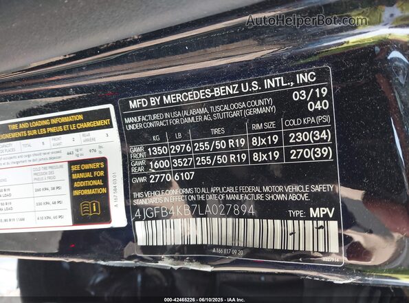 4JGFB4KB7LA027894 2020 MERCEDES-BENZ GLE 350 Черный Вид подкапотного пространства