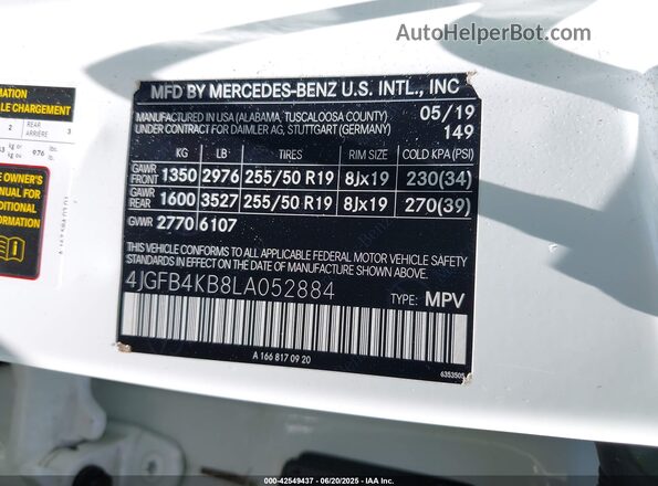 4JGFB4KB8LA052884 2020 MERCEDES-BENZ GLE White ძრავის განყოფილების ხედი