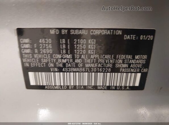4S3BWAB67L3016228 2020 SUBARU LEGACY Silver Widok komory silnika