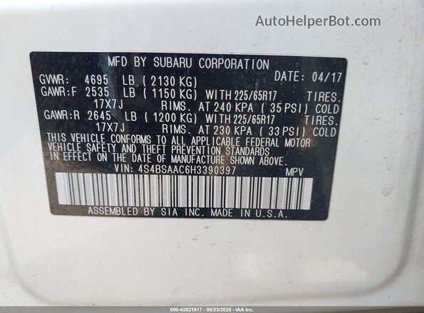 4S4BSAAC6H3390397 2017 SUBARU OUTBACK White Vista del compartimento del motor