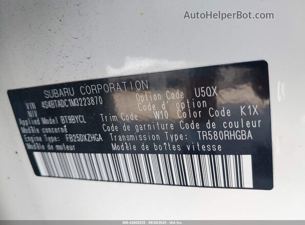 4S4BTADC1M3223870 2021 SUBARU OUTBACK Белый Вид подкапотного пространства