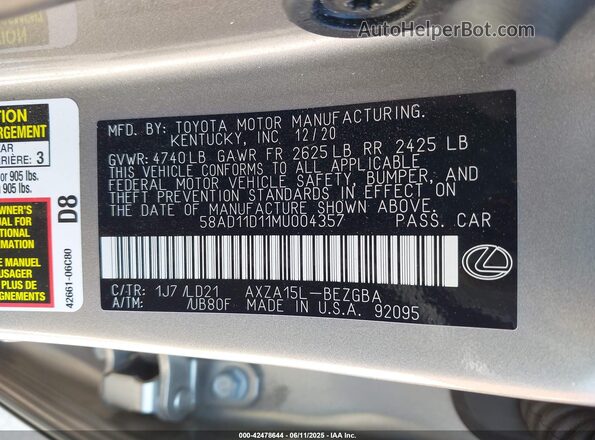 58AD11D11MU004357 2021 LEXUS ES 250 Silver Vista del compartimento del motor