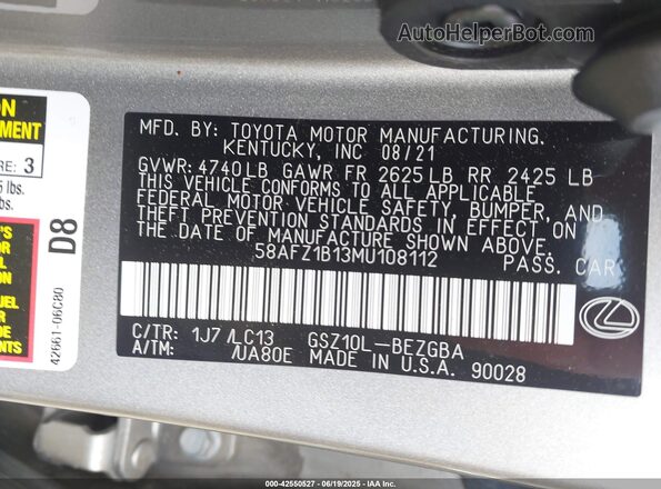 58AFZ1B13MU108112 2021 LEXUS ES Tan Vista del compartimento del motor
