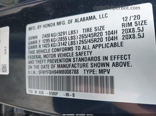 5FNYF8H94MB008788 2021 HONDA PASSPORT Dark Blue Engine compartment view