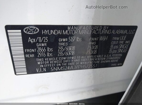 5NMS24AJ7PH572551 2023 HYUNDAI SANTA FE White Vista del compartimento del motor