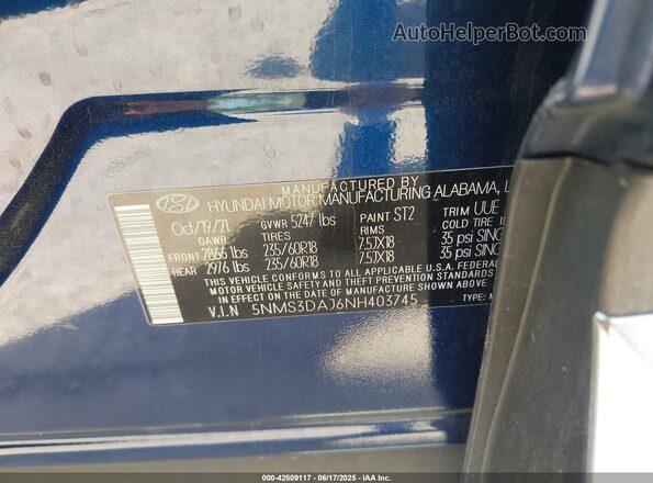 5NMS3DAJ6NH403745 2022 HYUNDAI SANTA FE Синий Вид подкапотного пространства