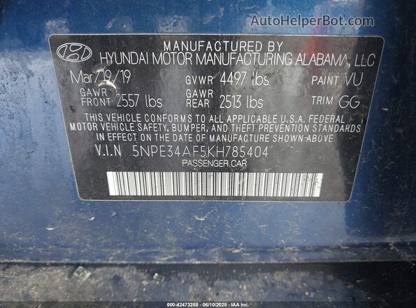 5NPE34AF5KH785404 2019 HYUNDAI SONATA Blue Շարժիչի բաժամունքի տեսք
