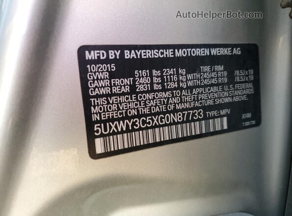 5UXWY3C5XG0N87733 2016 BMW X3 Silver Вид підкапотного простору