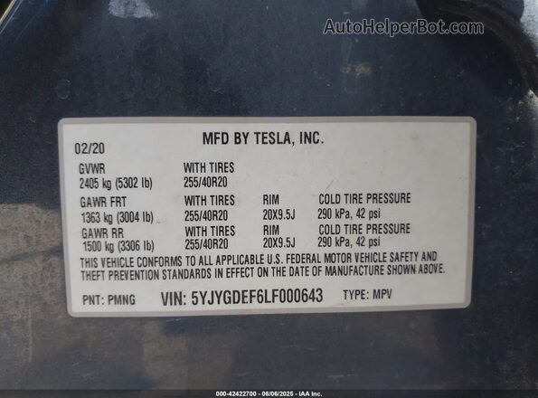 5YJYGDEF6LF000643 2020 TESLA MODEL Y Серый Вид подкапотного пространства