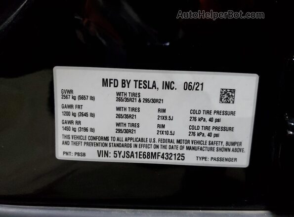5YJSA1E68MF432125 2021 TESLA MODEL Black Vista de la etiqueta del VIN