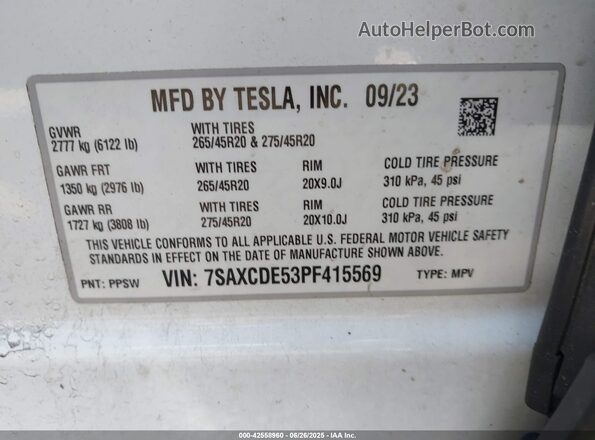 7SAXCDE53PF415569 2023 TESLA MODEL X Белый Вид подкапотного пространства