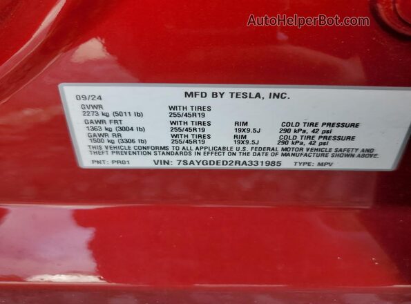 7SAYGDED2RA331985 2024 TESLA MODEL Red Вид підкапотного простору