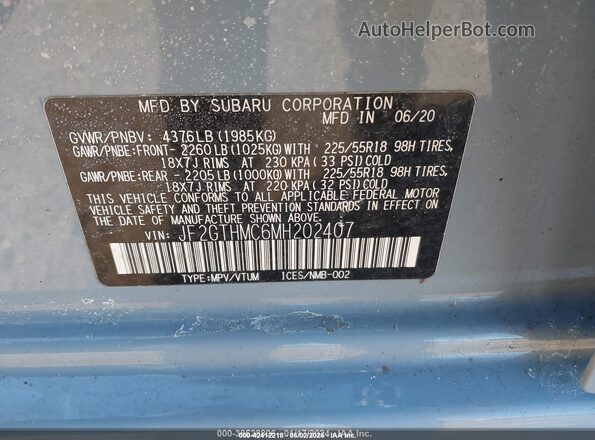JF2GTHMC6MH202407 2021 SUBARU CROSSTREK Light Blue Вид подкапотного пространства