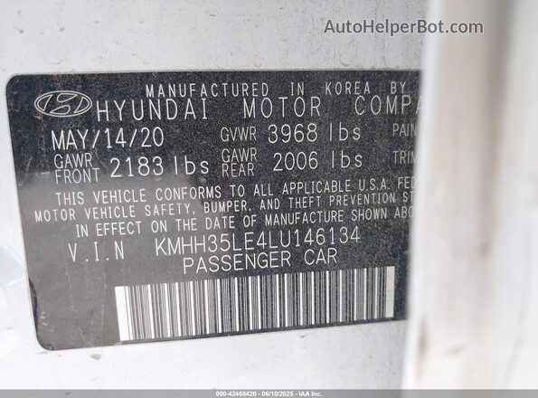 KMHH35LE4LU146134 2020 HYUNDAI ELANTRA GT White Vista del compartimento del motor