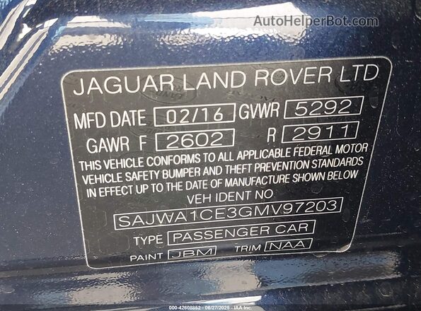 SAJWA1CE3GMV97203 2016 JAGUAR XJ Blue Vista del compartimento del motor