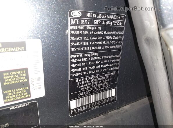 SALGV2FE8HA349954 2017 LAND ROVER RANGE ROVER Gray Widok komory silnika
