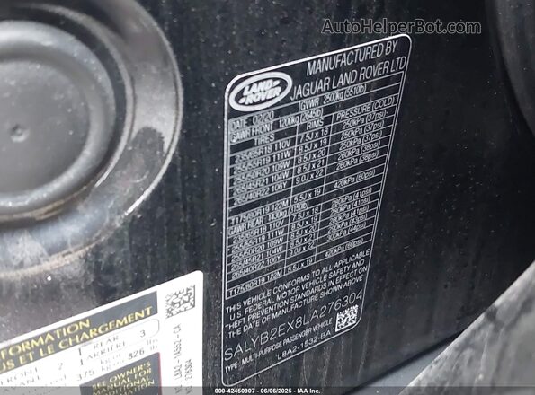SALYB2EX8LA276304 2020 LAND ROVER RANGE ROVER VELAR Черный Вид подкапотного пространства