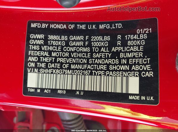 SHHFK8G79MU202167 2021 HONDA CIVIC TYPE R Red Widok komory silnika