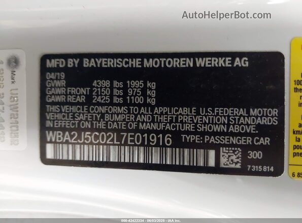 WBA2J5C02L7E01916 2020 BMW M2 White ძრავის განყოფილების ხედი