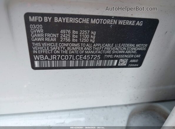 WBAJR7C07LCE45725 2020 BMW OTHER White Vista del compartimento del motor