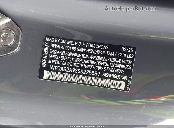 WP0AB2A93SS225589 2025 PORSCHE 911 Серый Вид подкапотного пространства