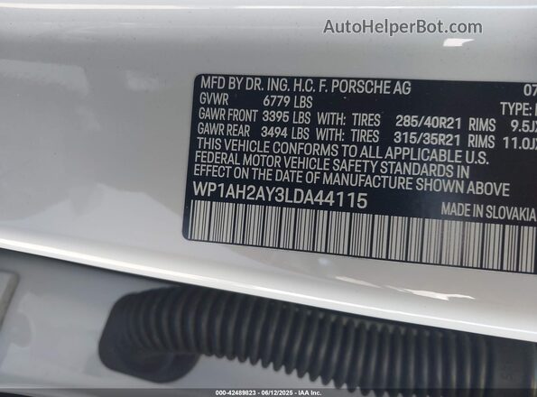 WP1AH2AY3LDA44115 2020 PORSCHE CAYENNE White Вид підкапотного простору