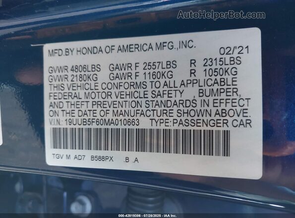 19UUB5F60MA010663 2021 ACURA TLX Blue Вид підкапотного простору
