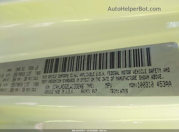 1C4HJXDG2LW133246 2020 JEEP WRANGLER UNLIMITED White Widok komory silnika