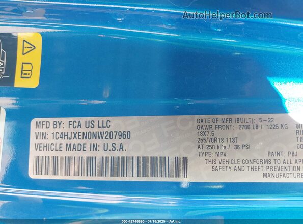 1C4HJXEN0NW207960 2022 JEEP WRANGLER UNLIMITED Blue Widok komory silnika