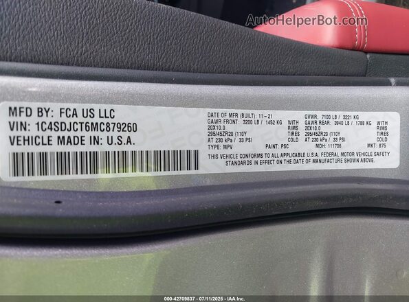 1C4SDJCT6MC879260 2021 DODGE DURANGO Silver Շարժիչի բաժամունքի տեսք