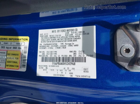 1FA6P8AMXH5342968 2017 FORD MUSTANG Синий Вид подкапотного пространства