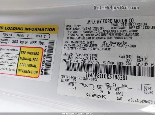 1FA6P8CF0K5186381 2019 FORD MUSTANG Белый Вид подкапотного пространства