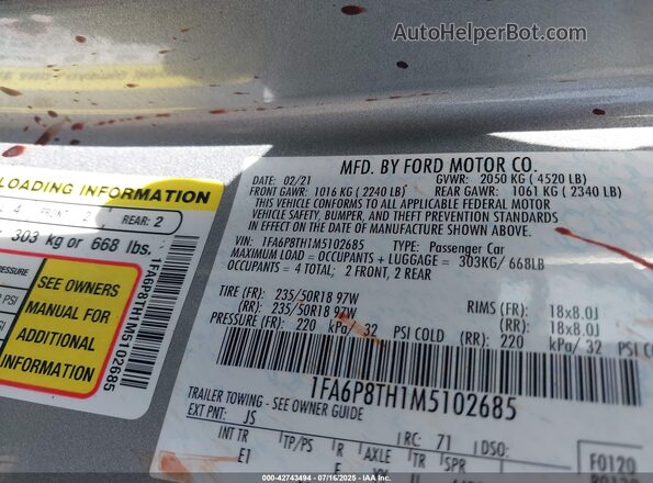 1FA6P8TH1M5102685 2021 FORD MUSTANG Silver Vista del compartimento del motor