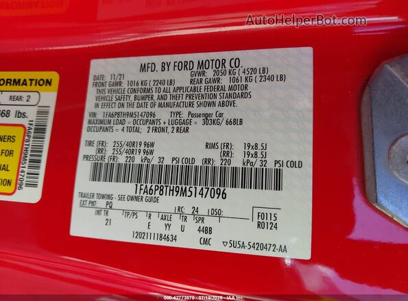 1FA6P8TH9M5147096 2021 FORD MUSTANG Красный Вид подкапотного пространства